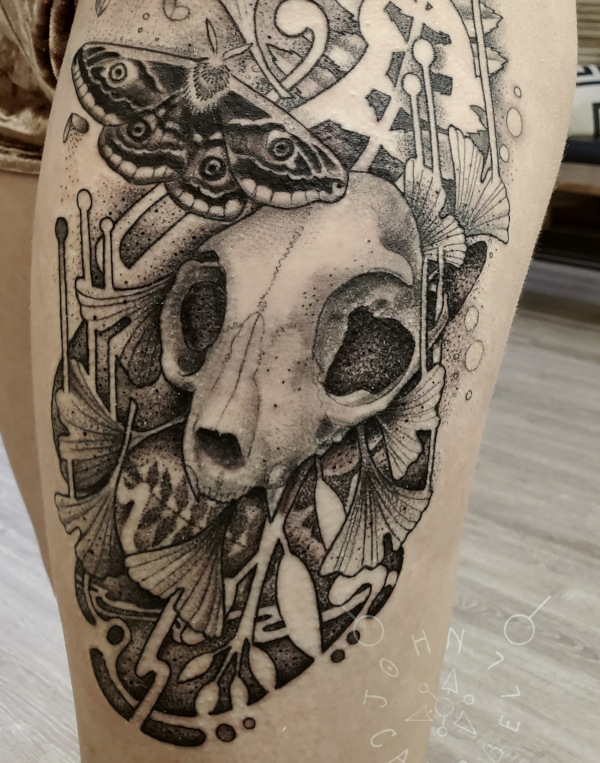 Rabbit skull with moths and leaves tattoo by John Campbell at Sacred Mandala Studio tattoo parlor in Durham, NC.